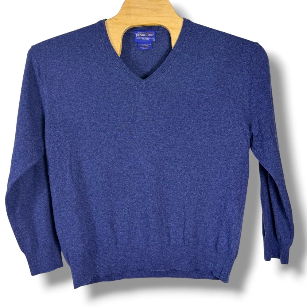 Pendleton V Neck Sweater Mens L Heather Blue Knit Viscose Blend Long Sleeve
